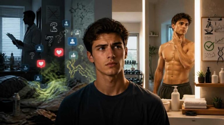 Young man representing pheromone maxxing trend with a contrast between internet myths and evidence-based hygiene advice.