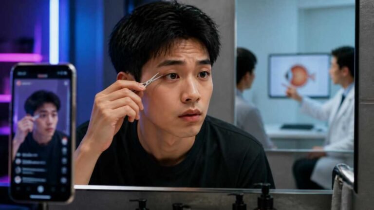 Young man holding a trimmer near his eye in a bathroom mirror, illustrating the men shaving eyelashes trend and the potential dangers it poses to eye health.