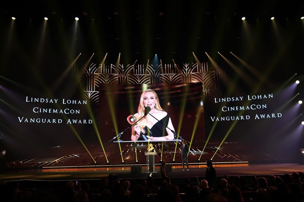 Lindsay Lohan accepting the Vanguard Award at CinemaCon 2025 in Las Vegas